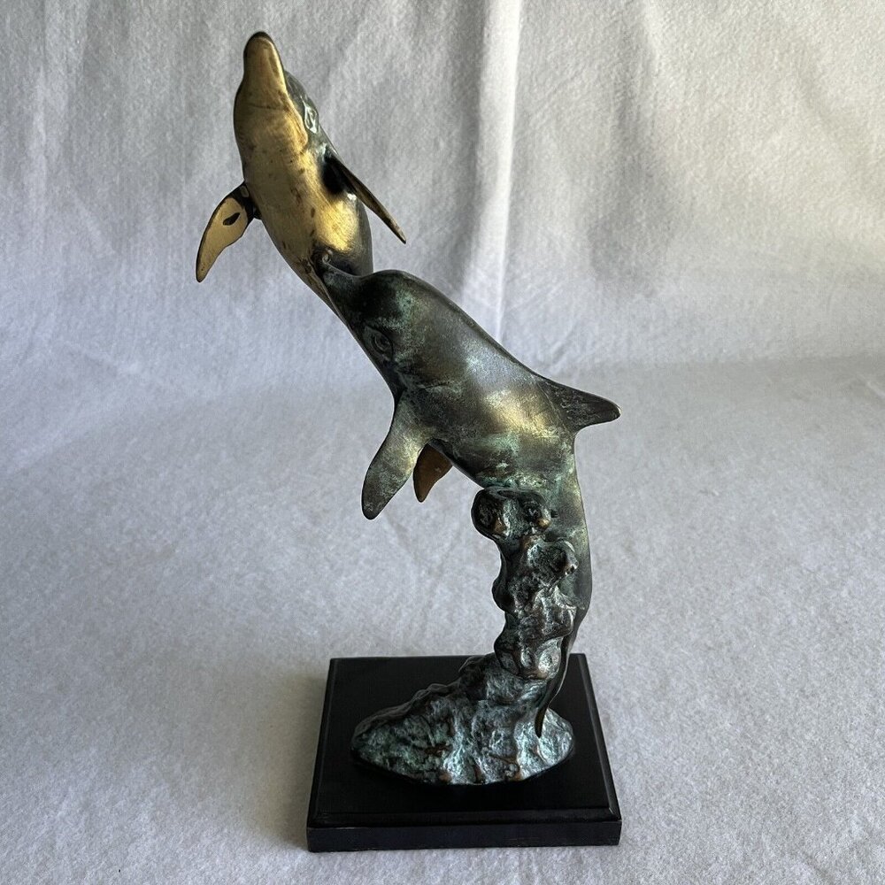 SPI San Pacific Int Brass 2 Dolphin Sculpture Jumping Wood Base Nautical Decor